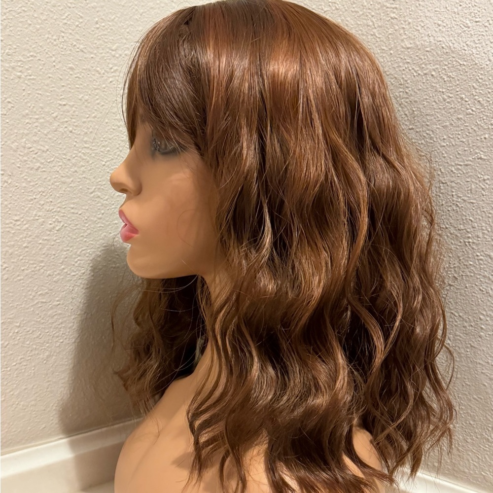 Auburn red brown wavy wig with bangs
